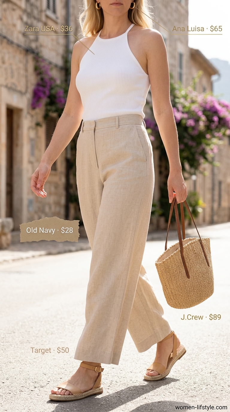 Sleek summer halter top outfits 2026: White ribbed halter top with wide-leg linen pants for coastal brunch.
