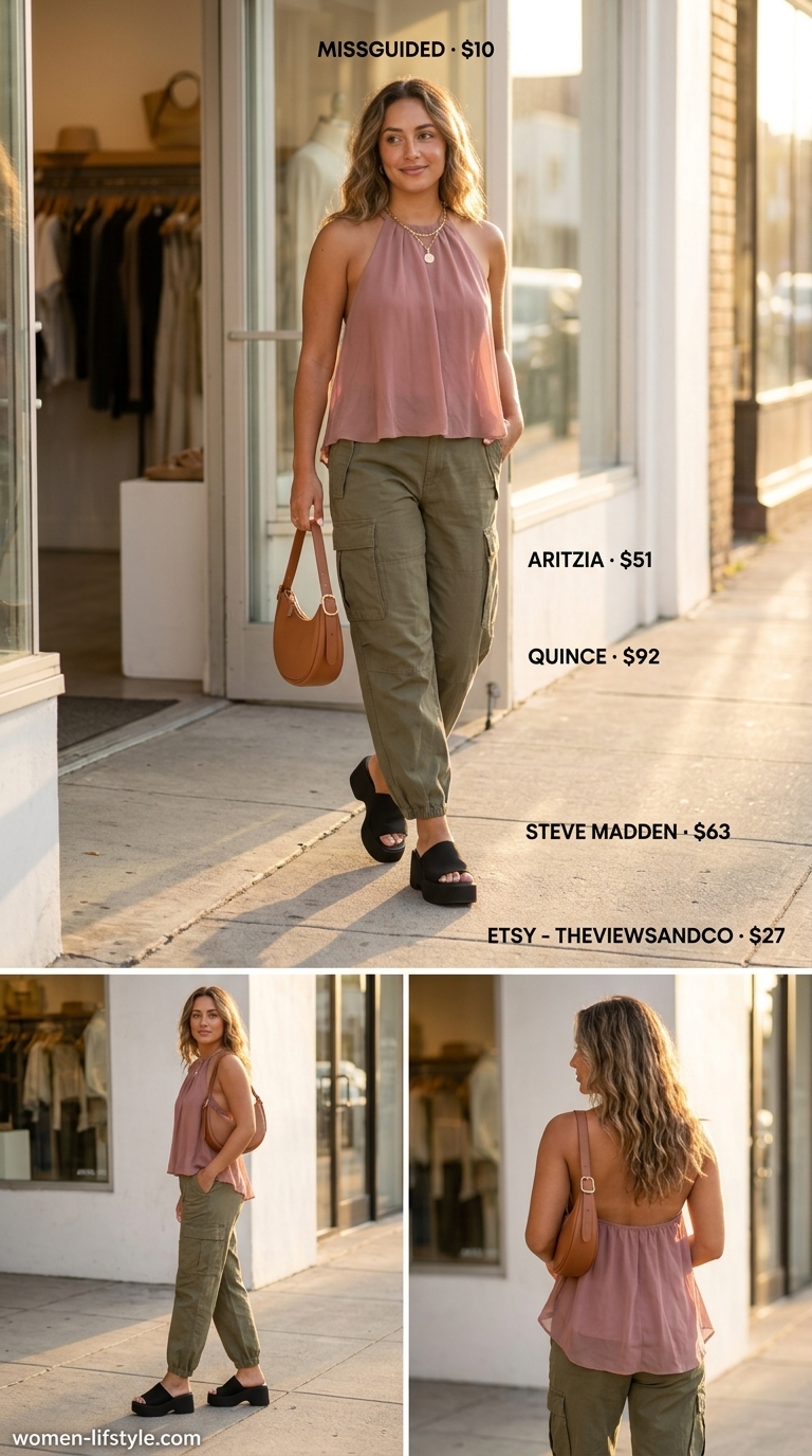 Sleek summer halter top outfits 2026: Abstract print halter top with olive green cargo pants for desert adventure.