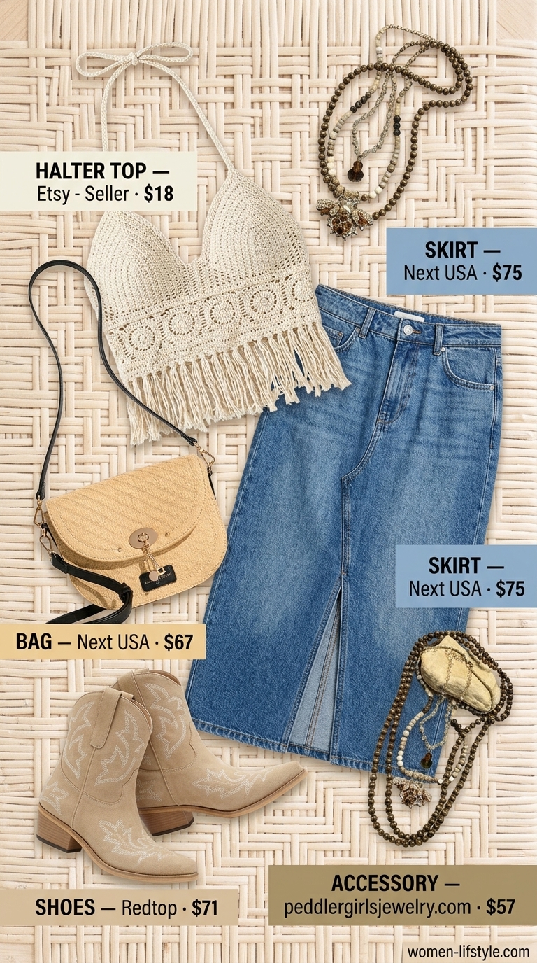 Sleek summer halter top outfits 2026: Ivory crochet halter top with distressed white denim skirt for music festivals.