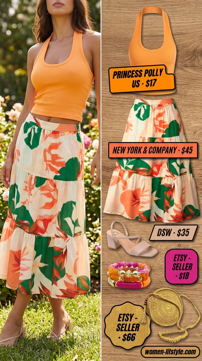 Vibrant garden brunch outfit with orange halter top and floral midi skirt. Sleek summer halter top outfits 2026.
