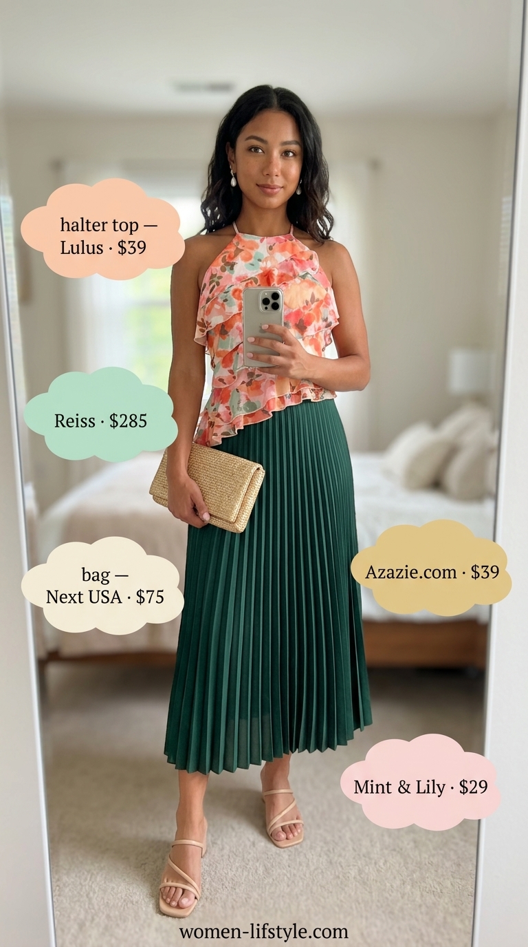 Sleek summer halter top outfits 2026: Floral chiffon halter top with emerald green midi skirt, gold clutch, and nude sandals for a garden party.