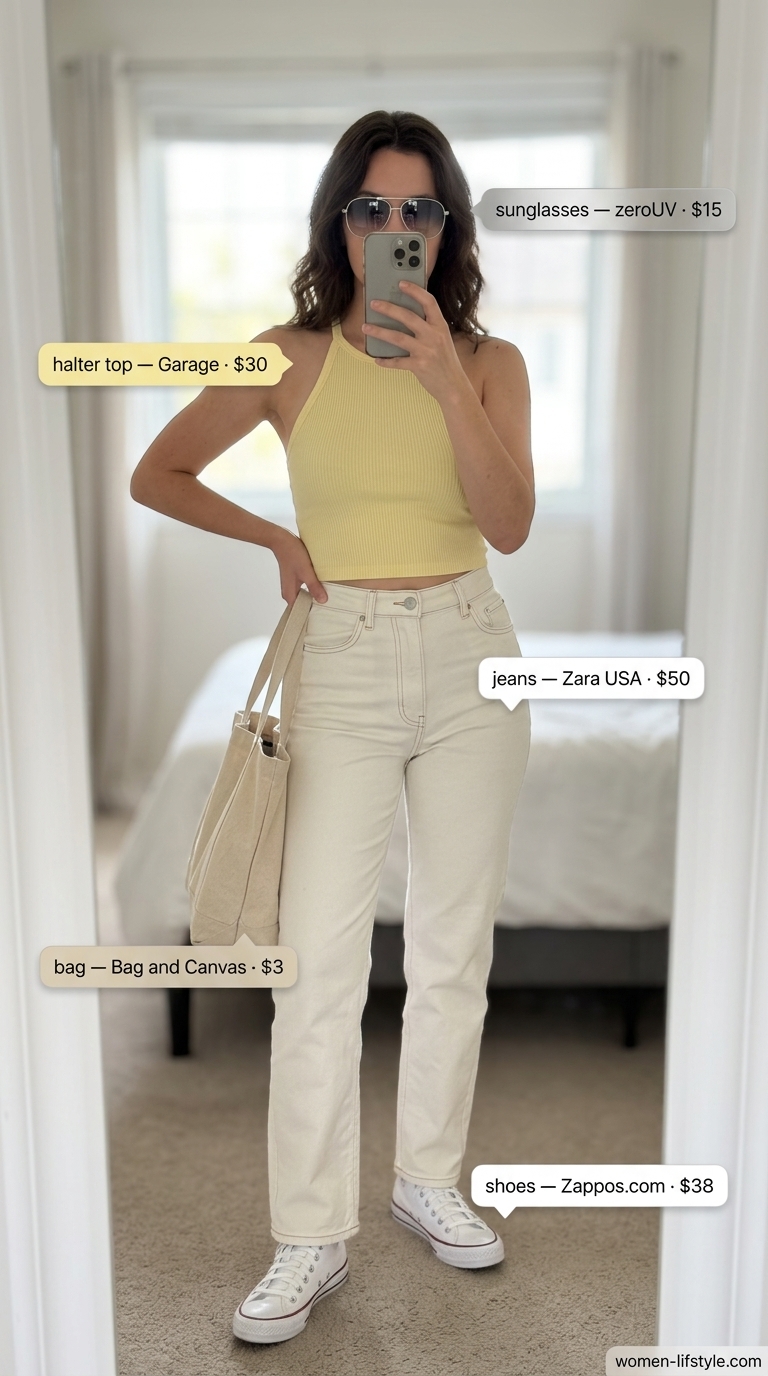Sleek summer halter top outfits 2026: Pastel yellow knit halter top with white denim jeans and canvas sneakers for a casual market run.