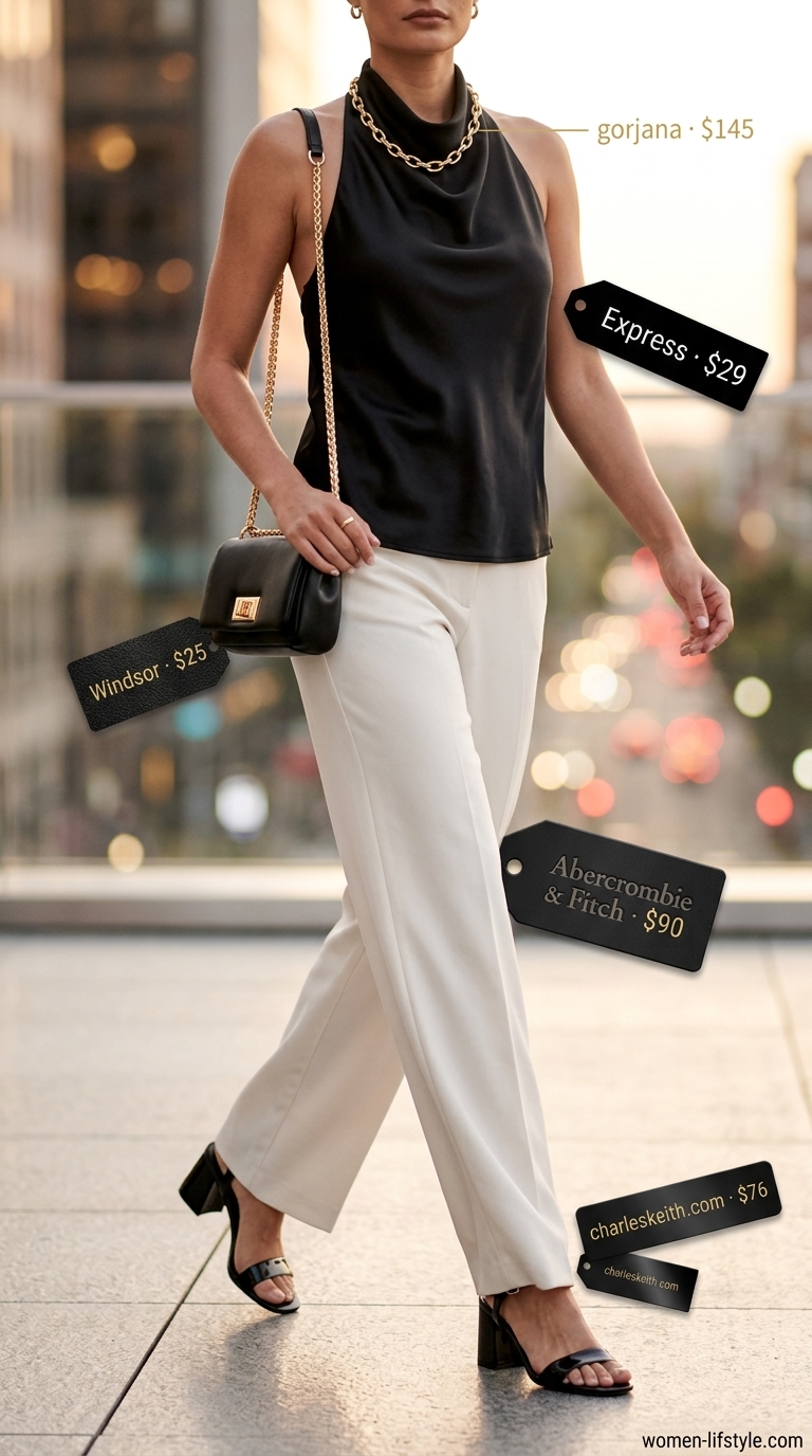 Sleek summer halter top outfits 2026: Black satin halter top with wide-leg trousers for date night.