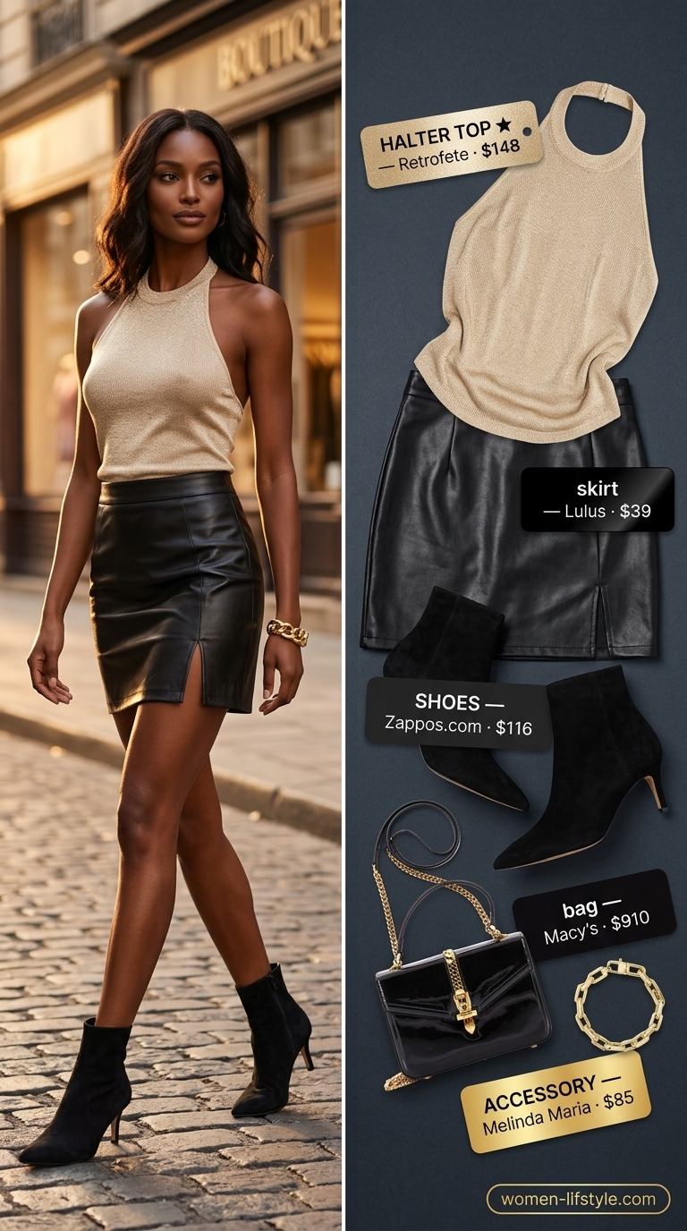 Sleek summer halter top outfits 2026: Bronze metallic halter top with black faux leather skirt, ankle boots, and mini top-handle bag for a night out.
