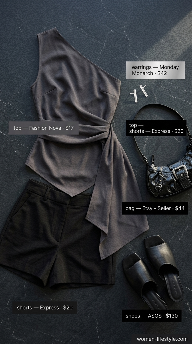 Sleek summer halter top outfits 2026: Charcoal gray asymmetrical halter top with tailored shorts for cocktail hour.