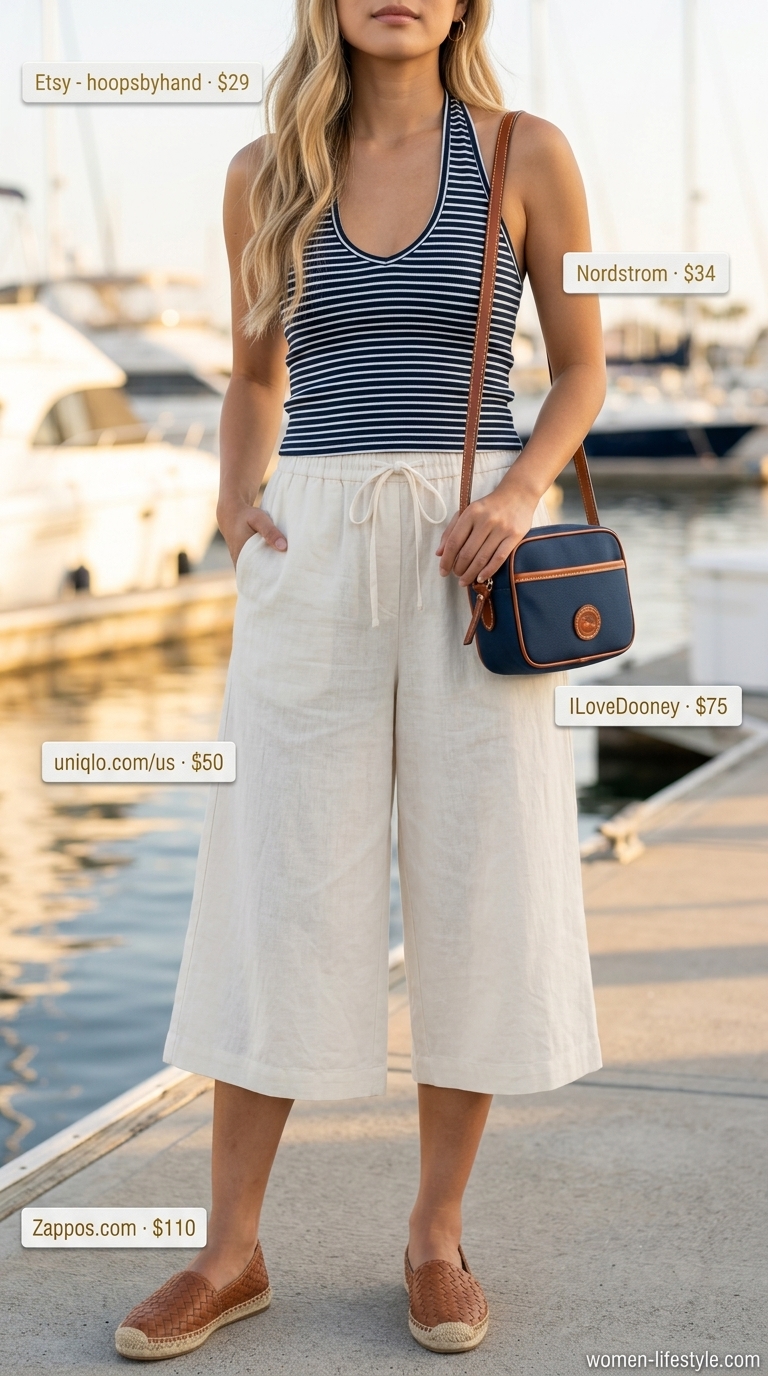 Nautical weekend lunch outfit with navy striped halter top and cream culottes. Sleek summer halter top outfits 2026.