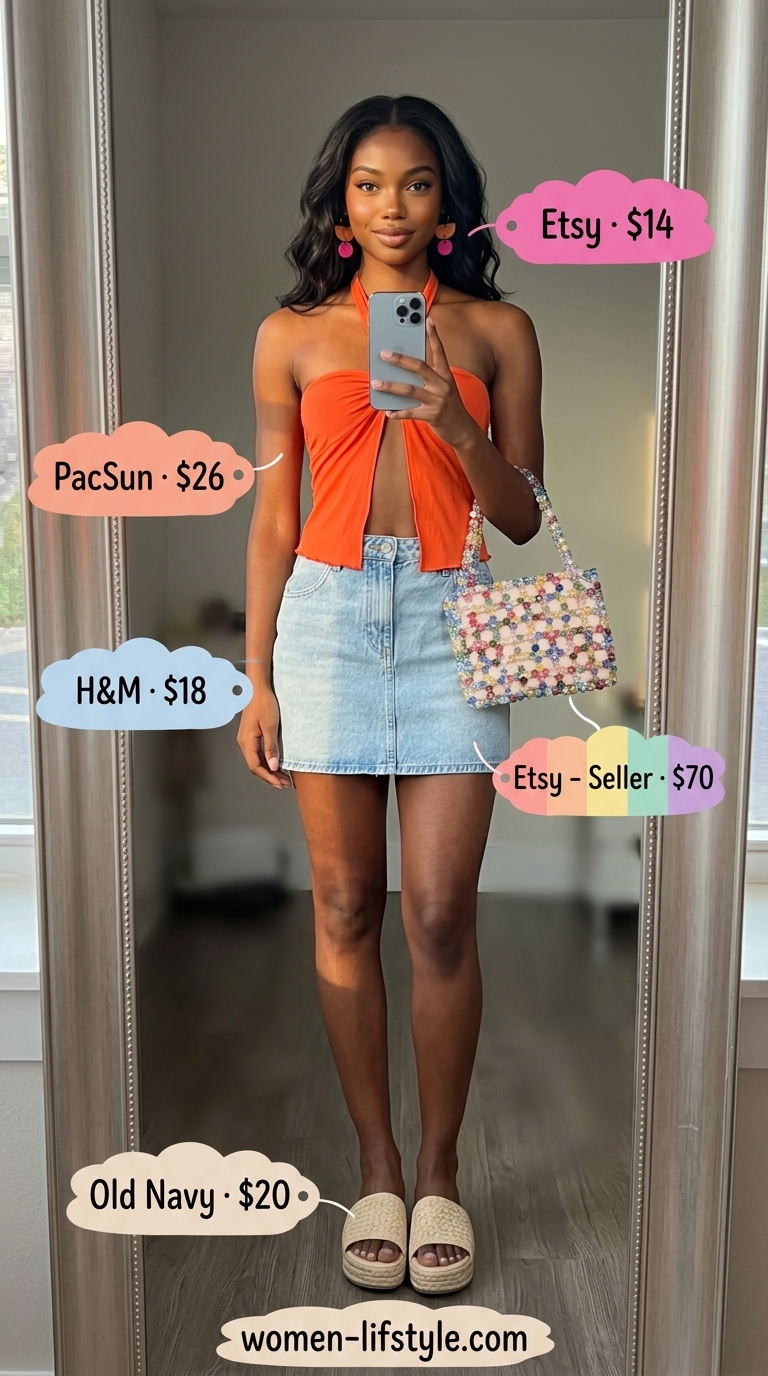 Sleek summer halter top outfits 2026: Bright orange halter top with denim mini skirt for playful getaway.