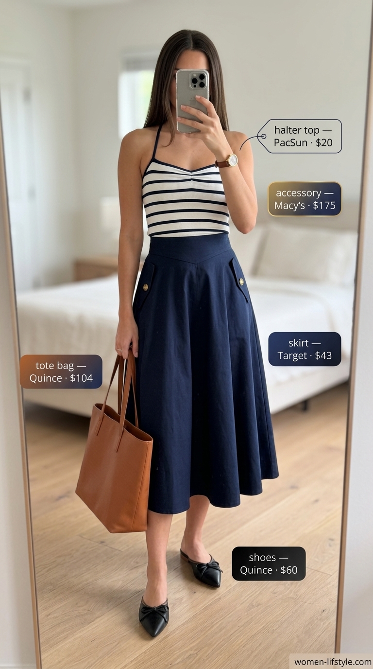Sleek summer halter top outfits 2026: Navy stripe halter top with navy A-line midi skirt, cognac mules, and leather tote for business casual.