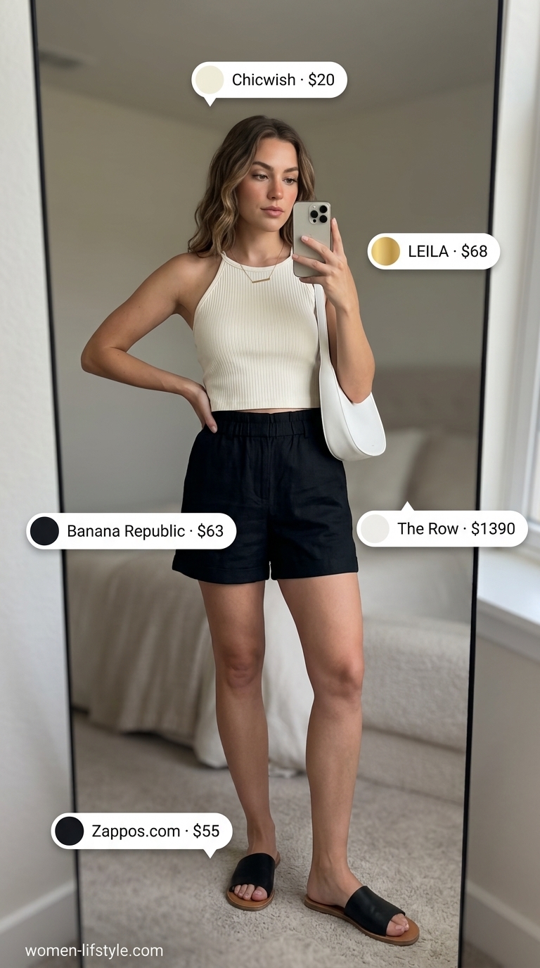 Sleek summer halter top outfits 2026: Cream ribbed halter top with black linen shorts, minimalist bag, and flat black sandals for a refined look.