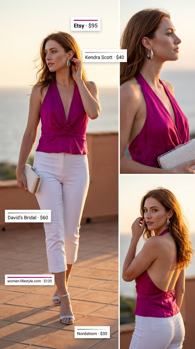 Sleek summer halter top outfits 2026: Fuchsia silk halter top with white maxi skirt, silver sandals for resort dinner.