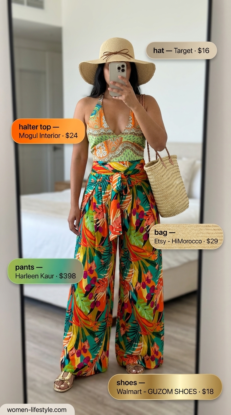 Sleek summer halter top outfits 2026: Tropical print silk halter top with matching wide-leg pants, straw hat, and metallic sandals.