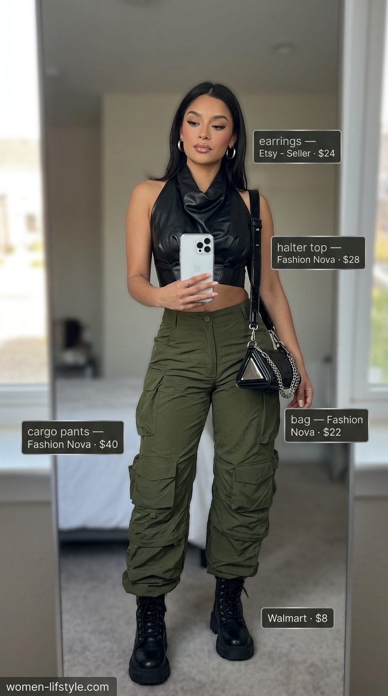 Urban night out edgy outfit with black faux leather halter top, khaki cargo pants, and combat boots. Sleek summer halter top outfits 2026.