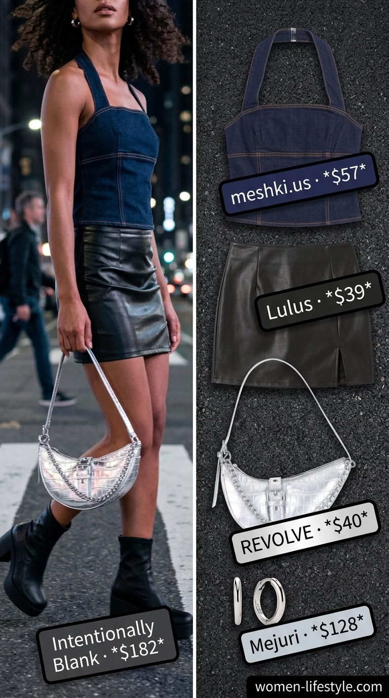 Edgy urban night out outfit with indigo denim halter top, black faux leather skirt, and silver accessories. Sleek summer halter top outfits 2026.