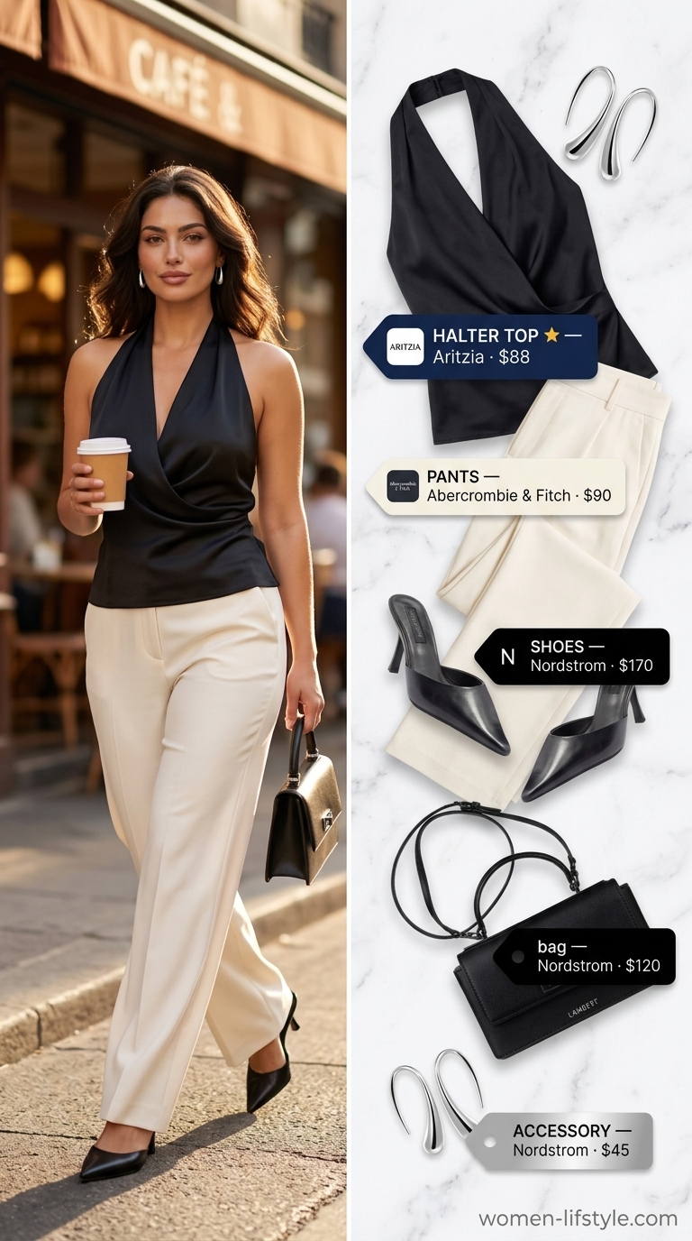 Sleek summer halter top outfits 2026: Black satin cowl neck halter top with cream wide-leg trousers, pointed mules, and silver earrings.