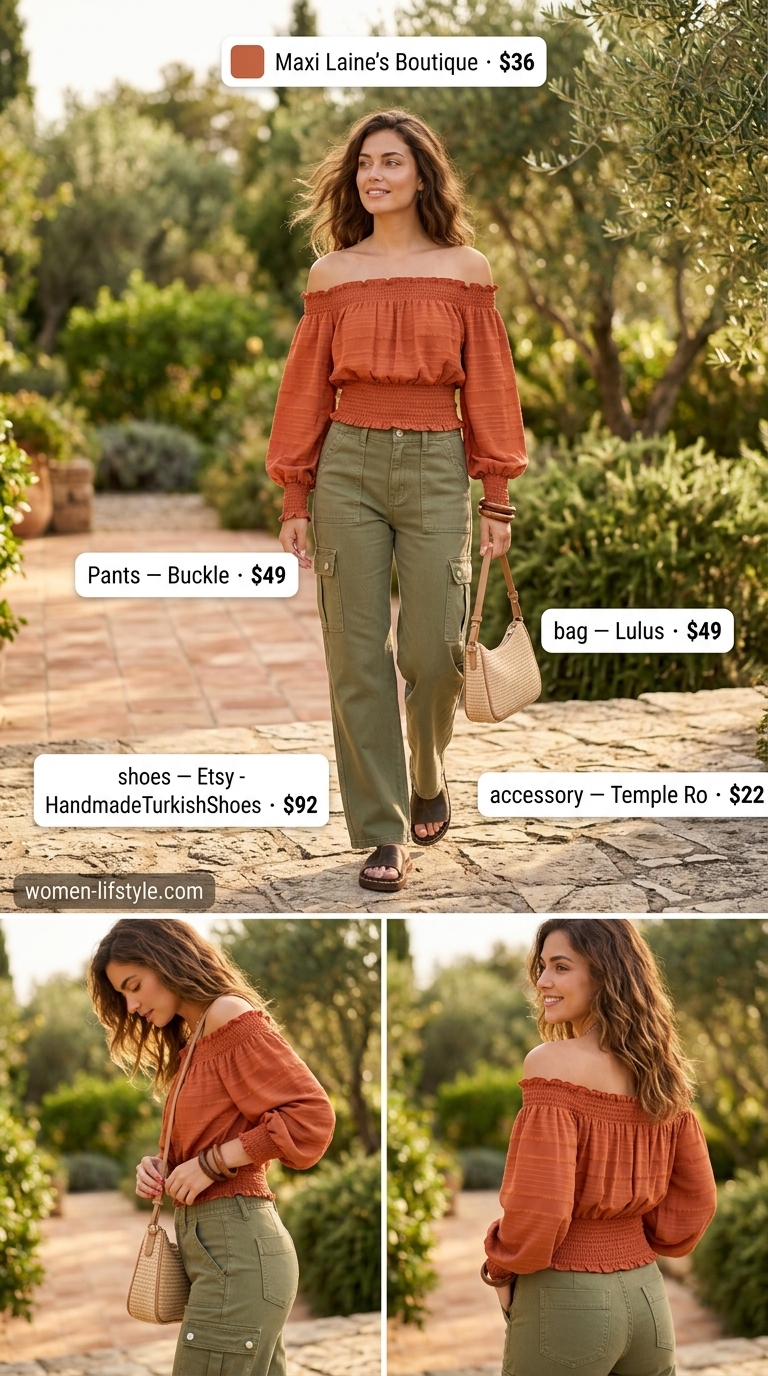 Smocked Summer Off-Shoulder Outfits 2026: Earthy Explorer Terracotta smocked summer off-shoulder top with olive green cargo pants for women 2026. Casual day out outfit.