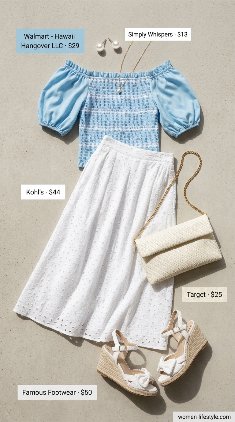 Smocked Summer Off-Shoulder Outfits 2026: Fresh Feminine Sky blue smocked summer off-shoulder top with eyelet skirt for women 2026. Fresh feminine outfit.