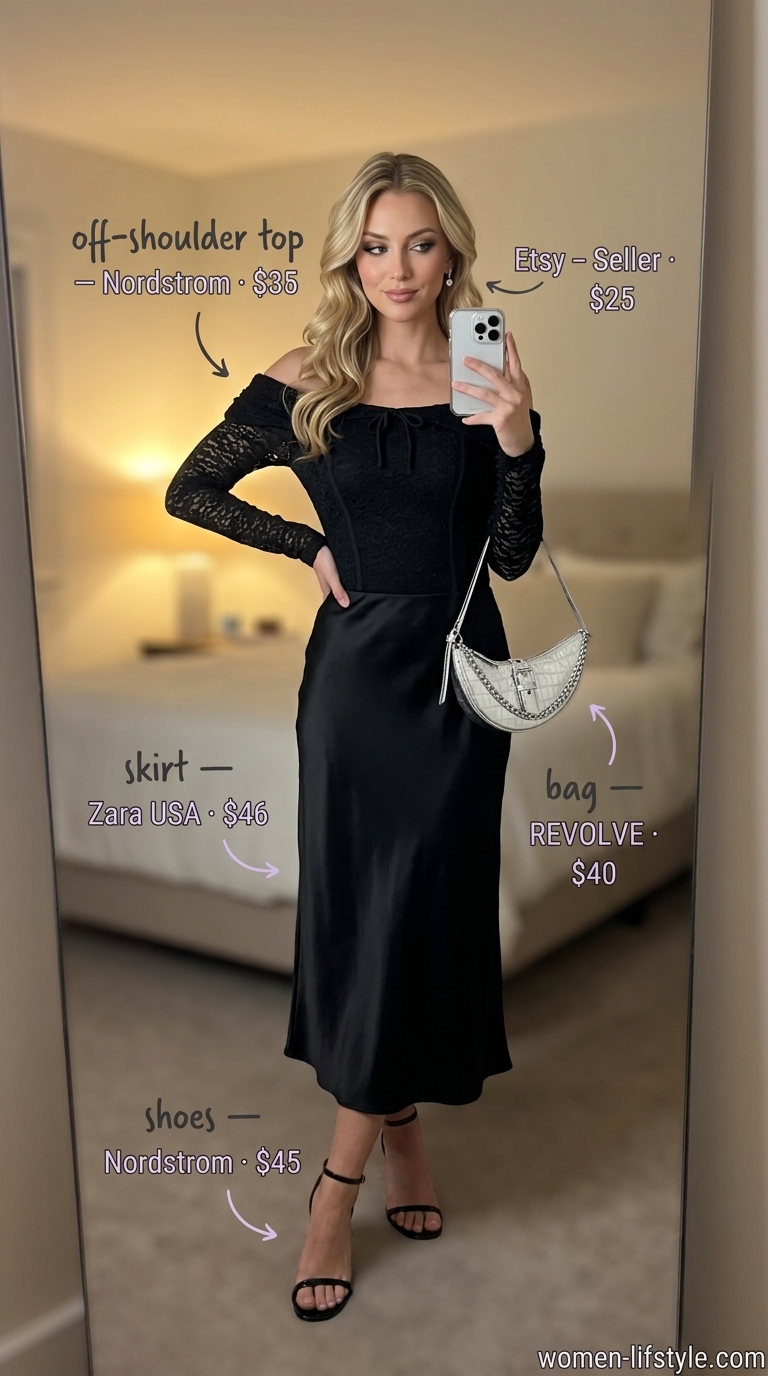 Smocked Summer Off-Shoulder Outfits 2026: Midnight Rendezvous Black smocked summer off-shoulder top with satin skirt for women 2026. Midnight rendezvous outfit.