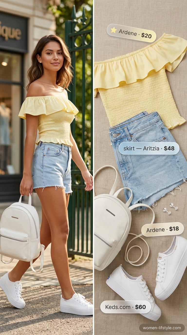 Smocked Summer Off-Shoulder Outfits 2026: Playful Park Day Pastel yellow smocked summer off-shoulder top with denim shorts for women 2026. Playful park day outfit.