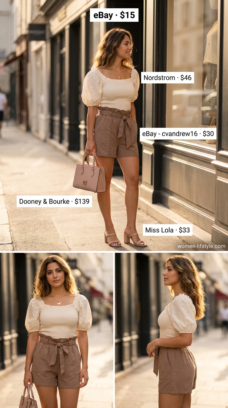 Smocked Summer Off-Shoulder Outfits 2026: Refined City Cream smocked summer off-shoulder top with taupe shorts for women 2026. Refined city outfit.