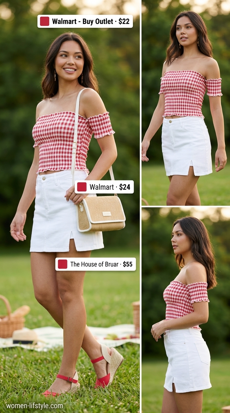 Smocked Summer Off-Shoulder Outfits 2026: Retro Picnic Red gingham smocked summer off-shoulder top with denim mini skirt for women 2026. Retro picnic outfit.