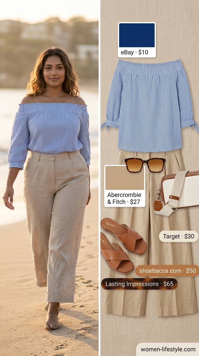 Smocked Summer Off-Shoulder Outfits 2026: Seaside Chic Navy and white striped smocked summer off-shoulder top with linen pants for women 2026. Seaside chic outfit.