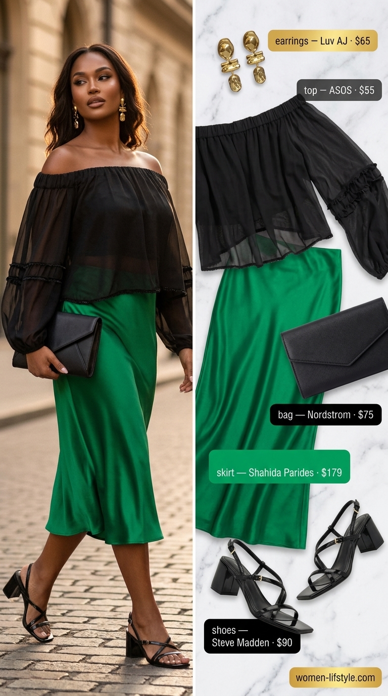 Smocked Summer Off-Shoulder Outfits 2026: Sultry Evening Black smocked summer off-shoulder top with emerald satin skirt for women 2026. Sultry evening outfit.