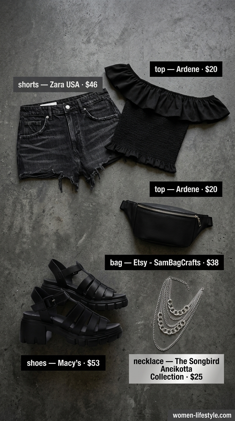 Smocked Summer Off-Shoulder Outfits 2026: Urban Edge Black smocked summer off-shoulder top with distressed denim shorts for women 2026. Urban edge outfit.