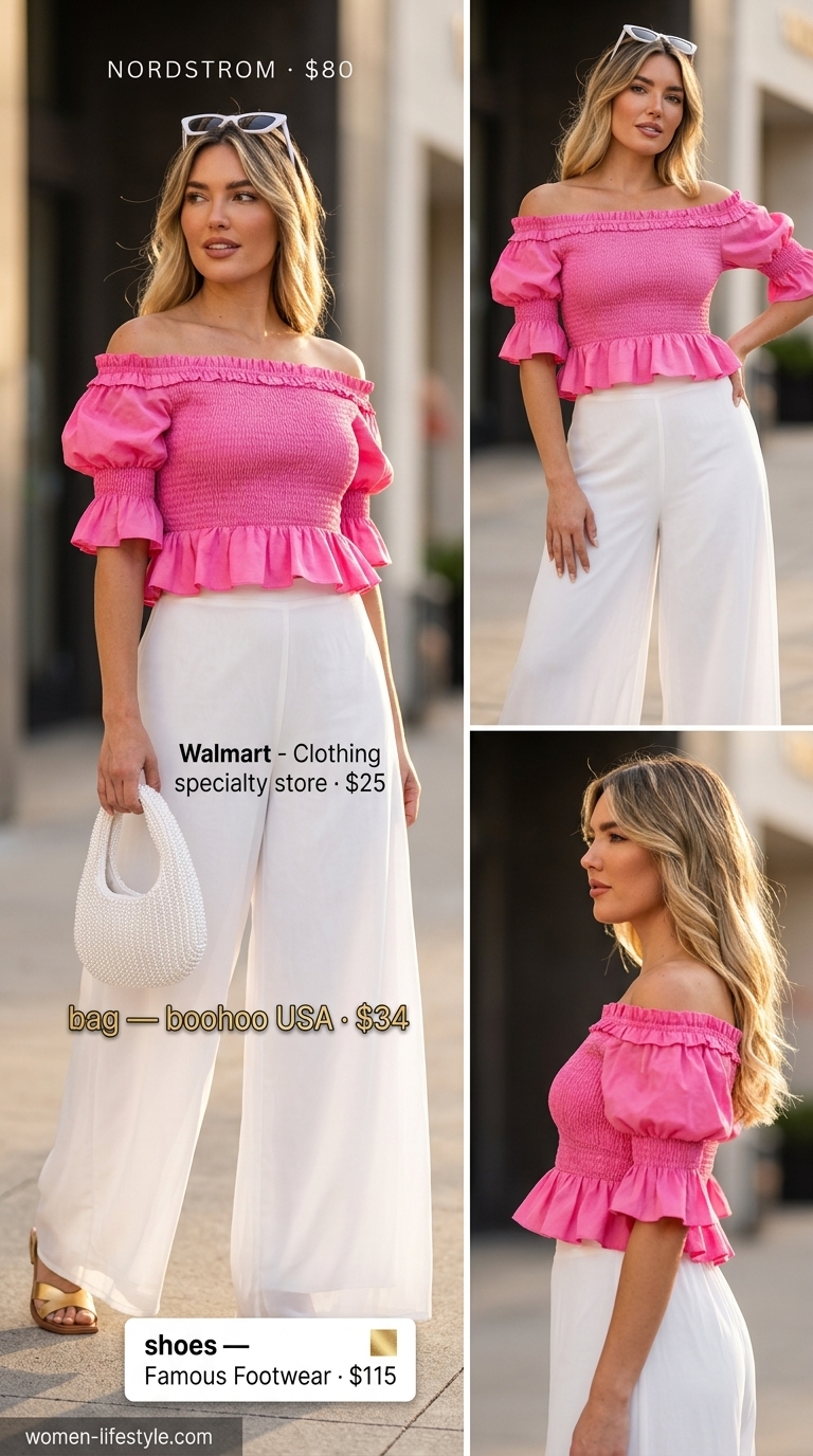 Hot pink smocked summer off-shoulder top with palazzo pants for women 2026. Vibrant resort outfit.