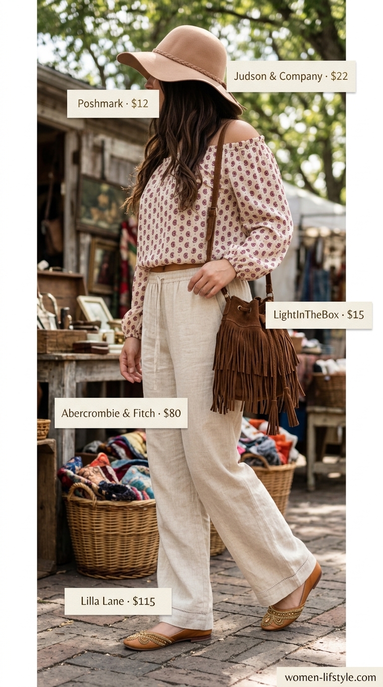Bohemian Outfits 2026: Wanderlust Style Bohemian outfit: Paisley smocked off-shoulder tunic top with wide-leg palazzo pants, embellished sandals, and felt hat.
