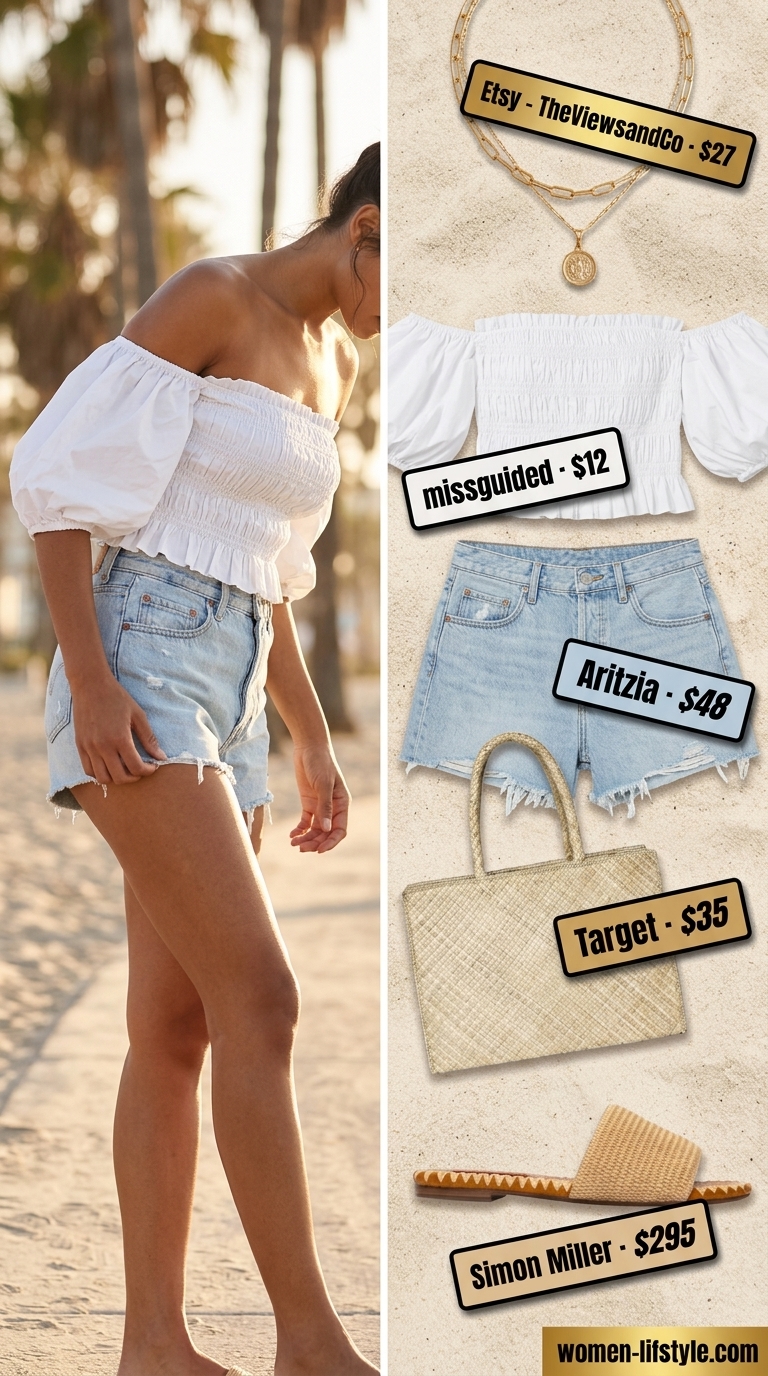 Boho Beach Outfits 2026: Effortless Style Boho beach outfit: White smocked off-shoulder crop top with denim shorts, straw tote, and layered gold necklaces for a casual brunch.