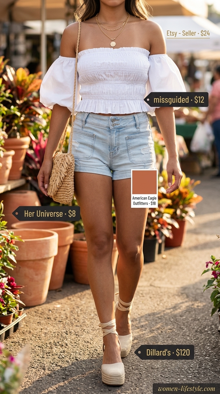 Smocked Summer Off-Shoulder Outfits for Women 2026: Boho Daydream White smocked summer off-shoulder outfit for women 2026: crop top, distressed denim shorts, straw crossbody bag, espadrilles.