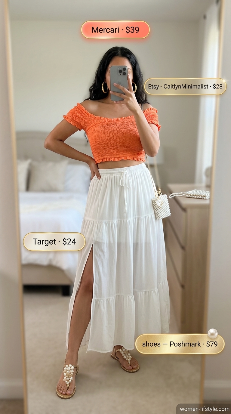 Smocked Summer Off-Shoulder Outfits for Women 2026: Island Siren Bright coral smocked summer off-shoulder outfit for women 2026: crop top, white maxi skirt, gold hoops, beaded clutch.