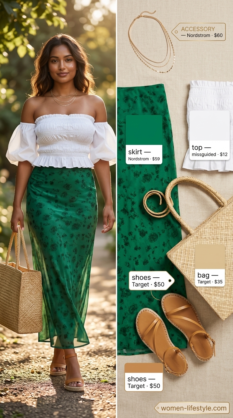 Garden Party Outfits 2026: Floral Whimsy Garden party outfit: White smocked off-shoulder top with emerald green floral maxi skirt, espadrille sandals, and straw tote.