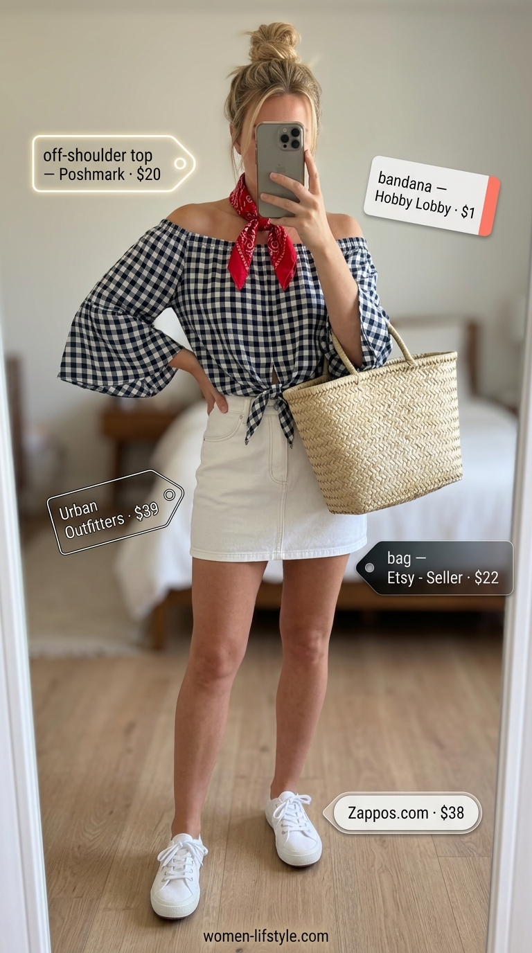 Smocked Summer Off-Shoulder Outfits for Women 2026: Picnic Perfection Blue gingham smocked summer off-shoulder outfit for women 2026: top, white denim skirt, sneakers, straw basket for picnic.