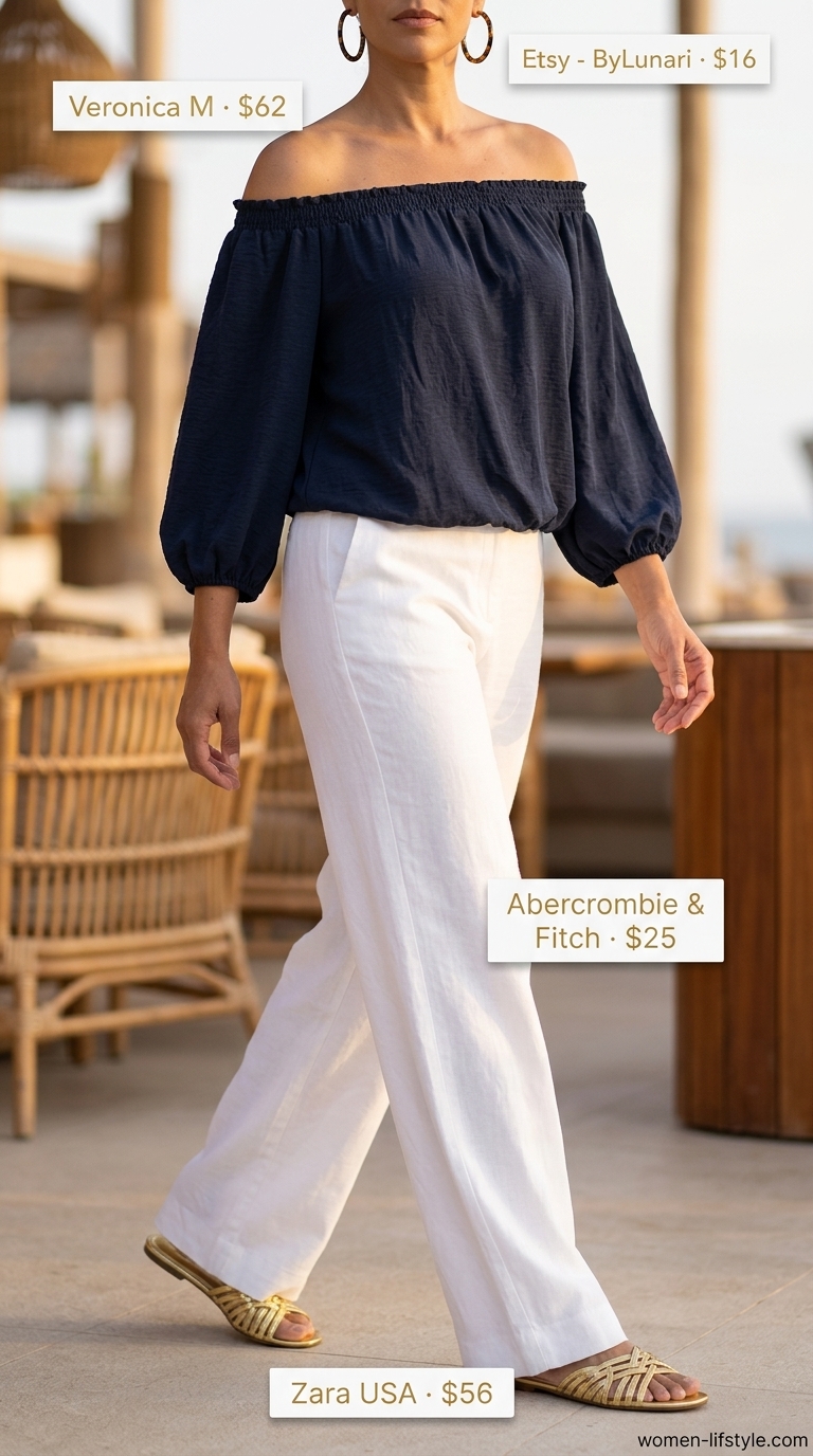 Smocked Summer Off-Shoulder Outfits for Women 2026: Riviera Chic Navy smocked summer off-shoulder outfit for women 2026: top, white linen pants, rattan tote, gold slides for resort wear.