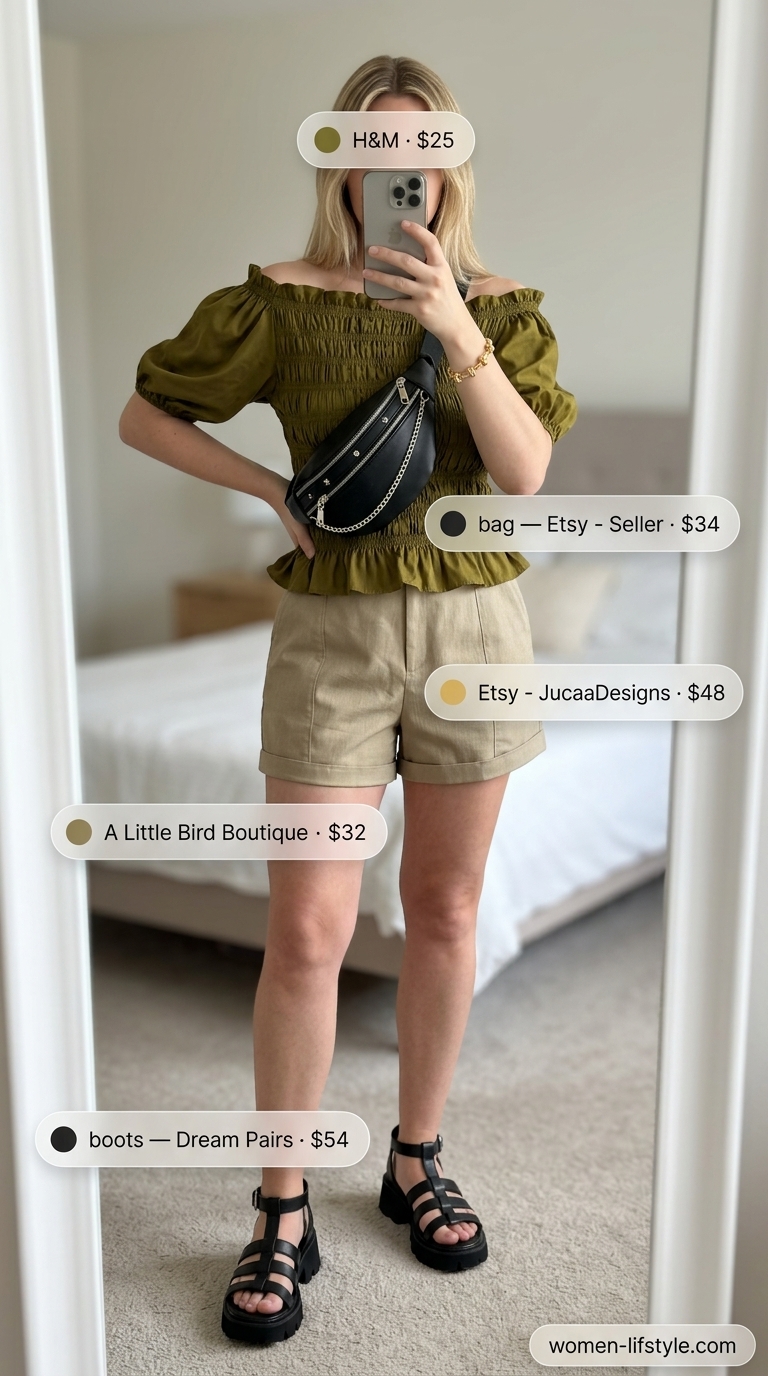Smocked Summer Off-Shoulder Outfits for Women 2026: Safari Chic Olive green smocked summer off-shoulder outfit for women 2026: top, khaki shorts, black belt bag, lug-sole sandals.