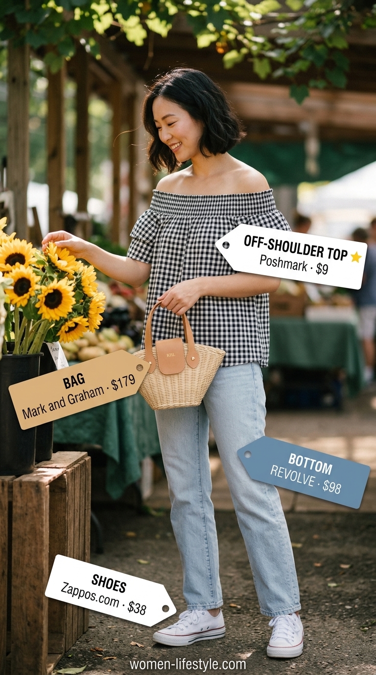 Picnic Outfits 2026: Playful Charm Playful picnic outfit: Black and white gingham smocked off-shoulder top with distressed jeans, wicker bag, and red bandana.