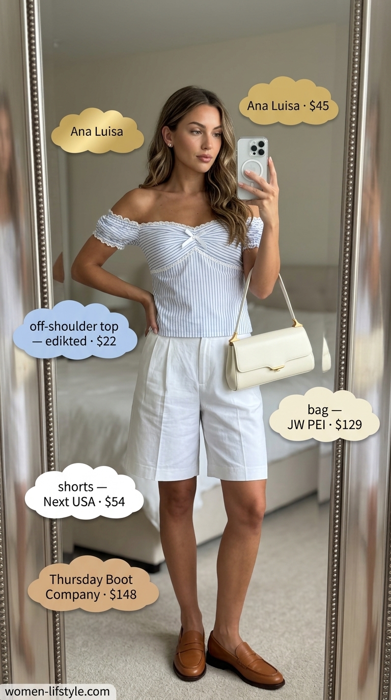 Preppy Summer Outfits 2026: Yacht Club Chic Preppy summer outfit: Sky blue smocked off-shoulder top with white Bermuda shorts, loafers, and gold accessories for a yacht club event.