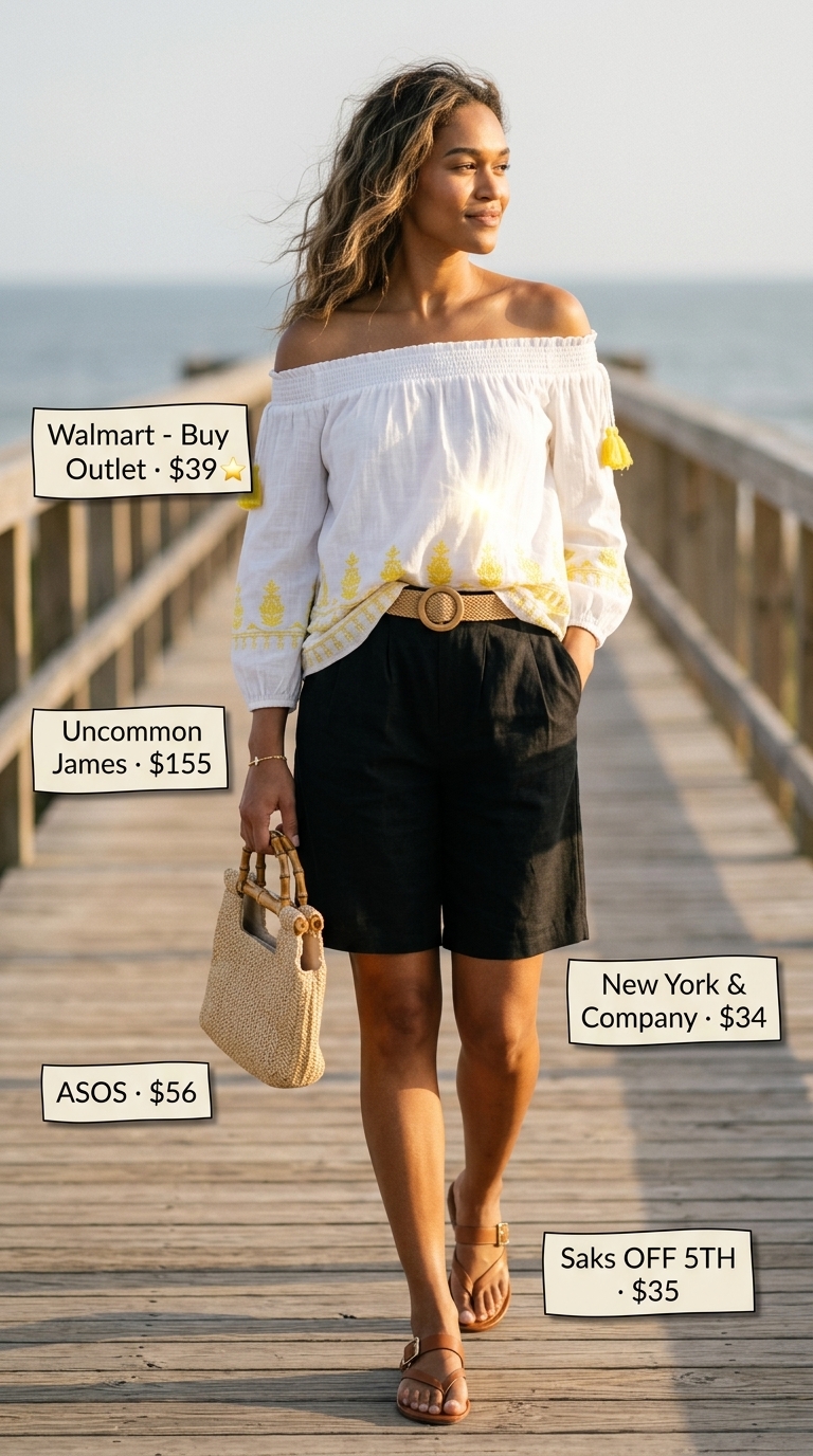 Resort Day Outfits 2026: Polished Comfort Elegant resort outfit: Ecru smocked off-shoulder top with beige linen Bermuda shorts, woven bag, and leather slides.