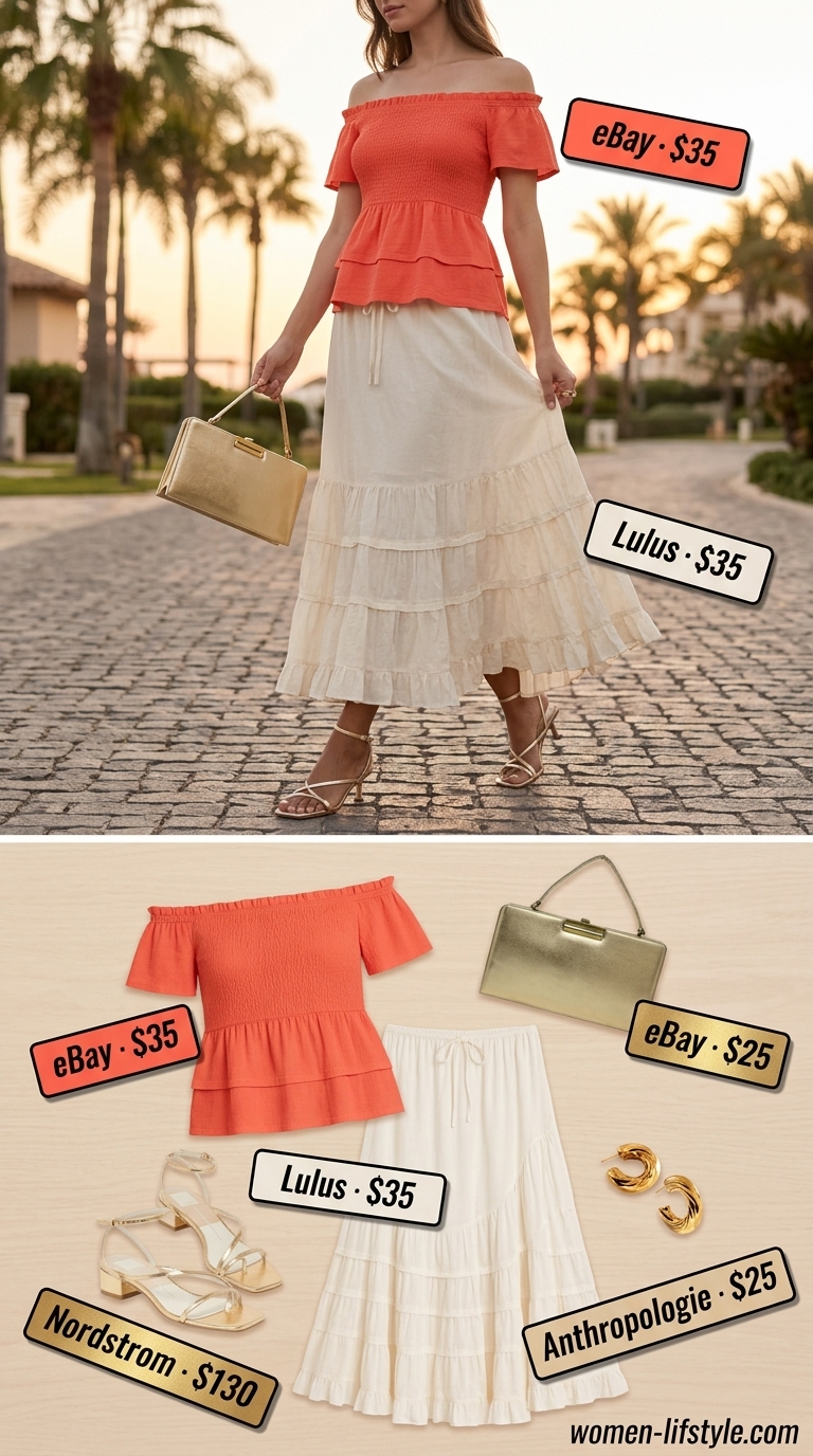 Resort Dinner Outfits 2026: Sunset Glow Vibrant coral smocked off-shoulder top with a cream maxi skirt, gold sandals, and statement earrings for resort dinner.