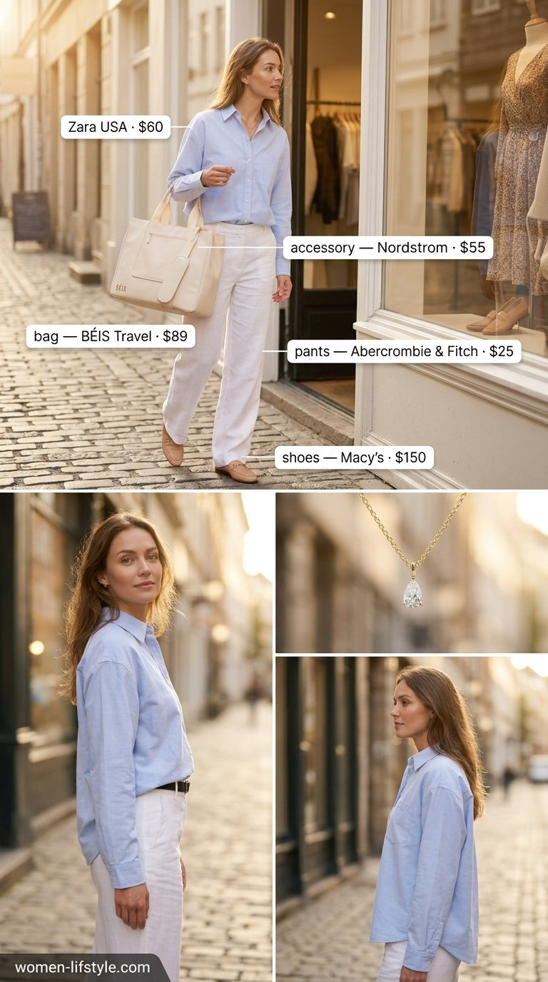 Pale blue oversized button down with white trousers and loafers for soft tone pastel summer outfits for women 2026.