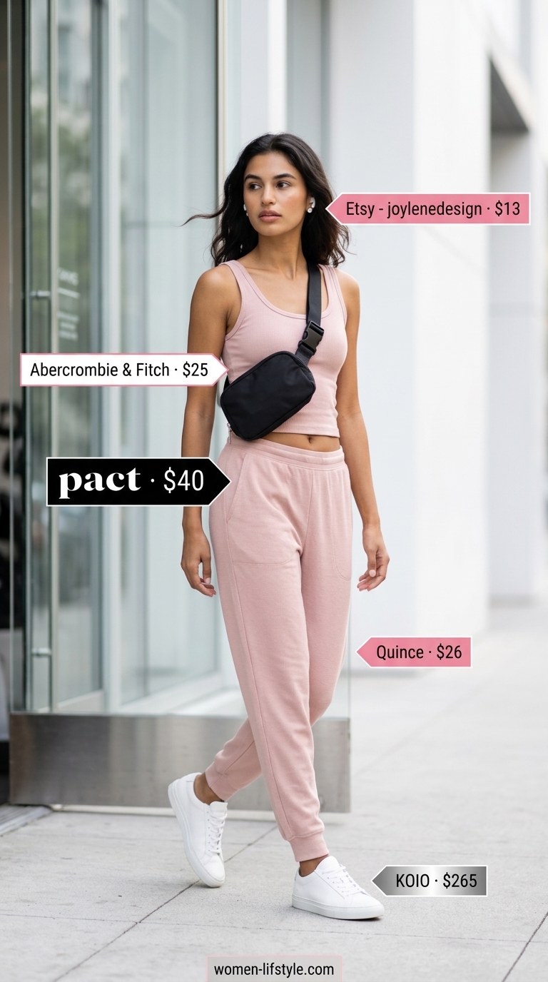 Soft tone pastel summer outfits for women 2026: Dusty blush pink knit joggers and hoodie set with white sneakers for elevated athleisure.