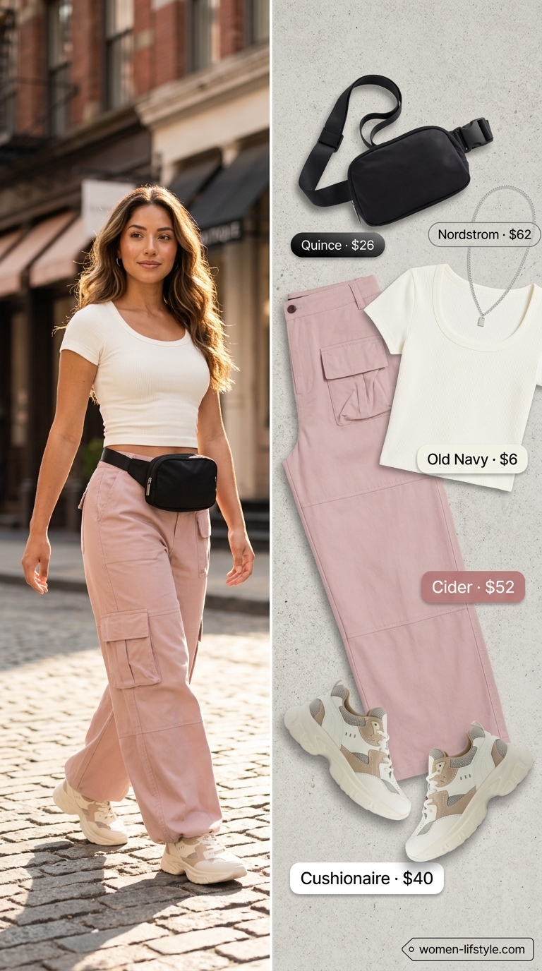 Soft tone pastel summer outfits for women 2026: Blush pink cargo pants with white crop top, chunky sneakers, and silver necklace.
