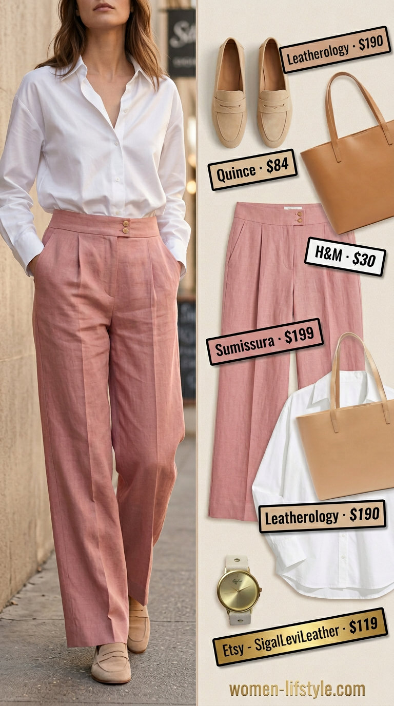Muted blush pink linen pants with white shirt and loafers for soft tone pastel summer outfits for women 2026.