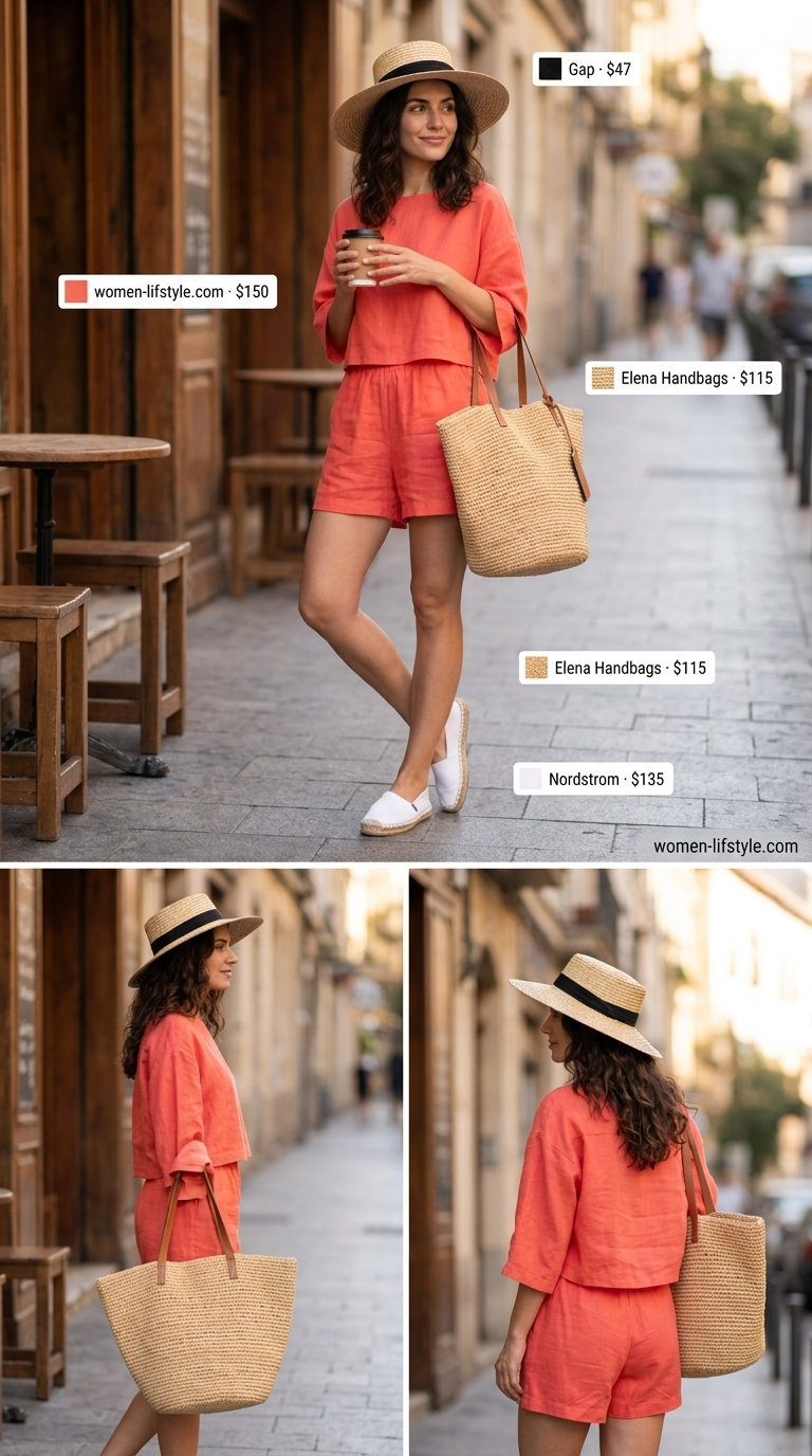 Coral linen shorts set with straw hat and espadrilles for soft tone pastel summer outfits for women 2026.