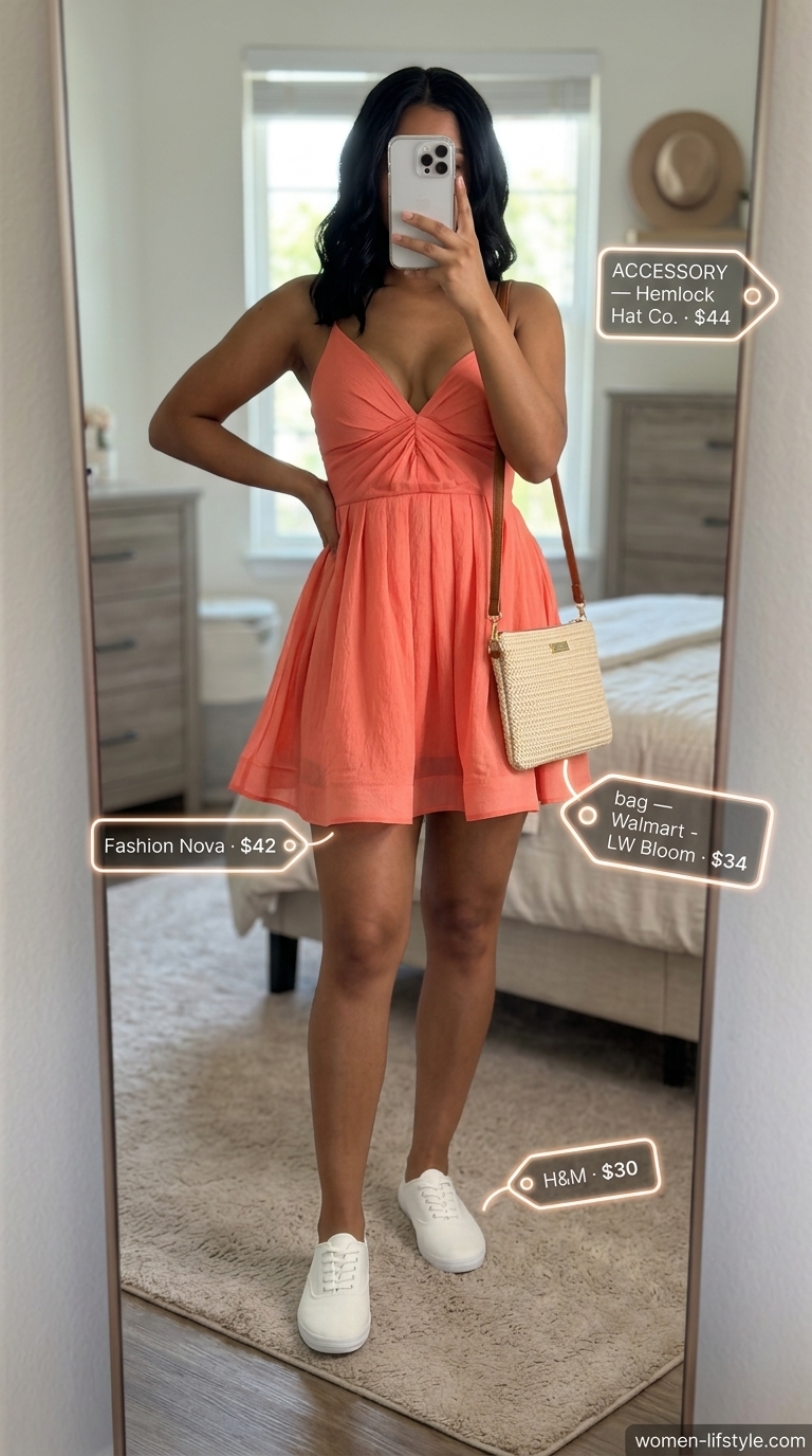 Coral blush sundress with straw hat and white sneakers for soft tone pastel summer outfits for women 2026.