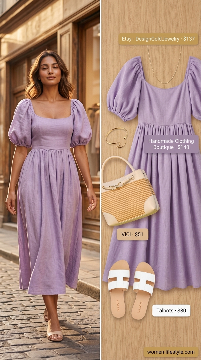 Soft tone pastel summer outfits for women 2026: Lavender midi sundress with white slides and layered gold necklaces for a garden party.