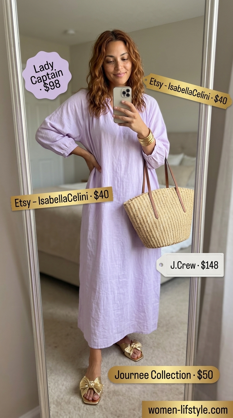 Soft tone pastel summer outfits for women 2026: Lilac maxi caftan dress with straw tote and gold sandals for resort wear.
