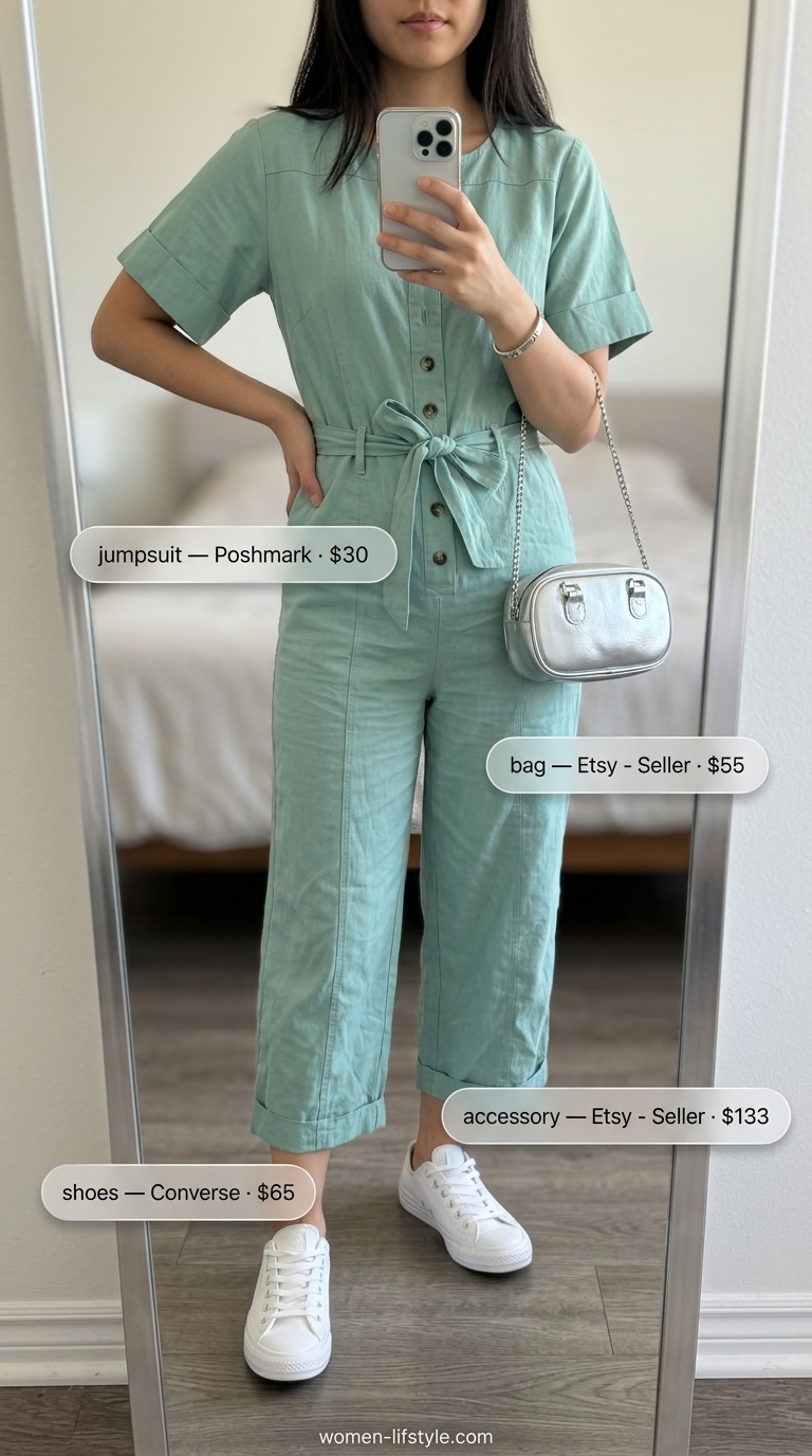 Mint green utility jumpsuit with white sneakers for soft tone pastel summer outfits for women 2026.
