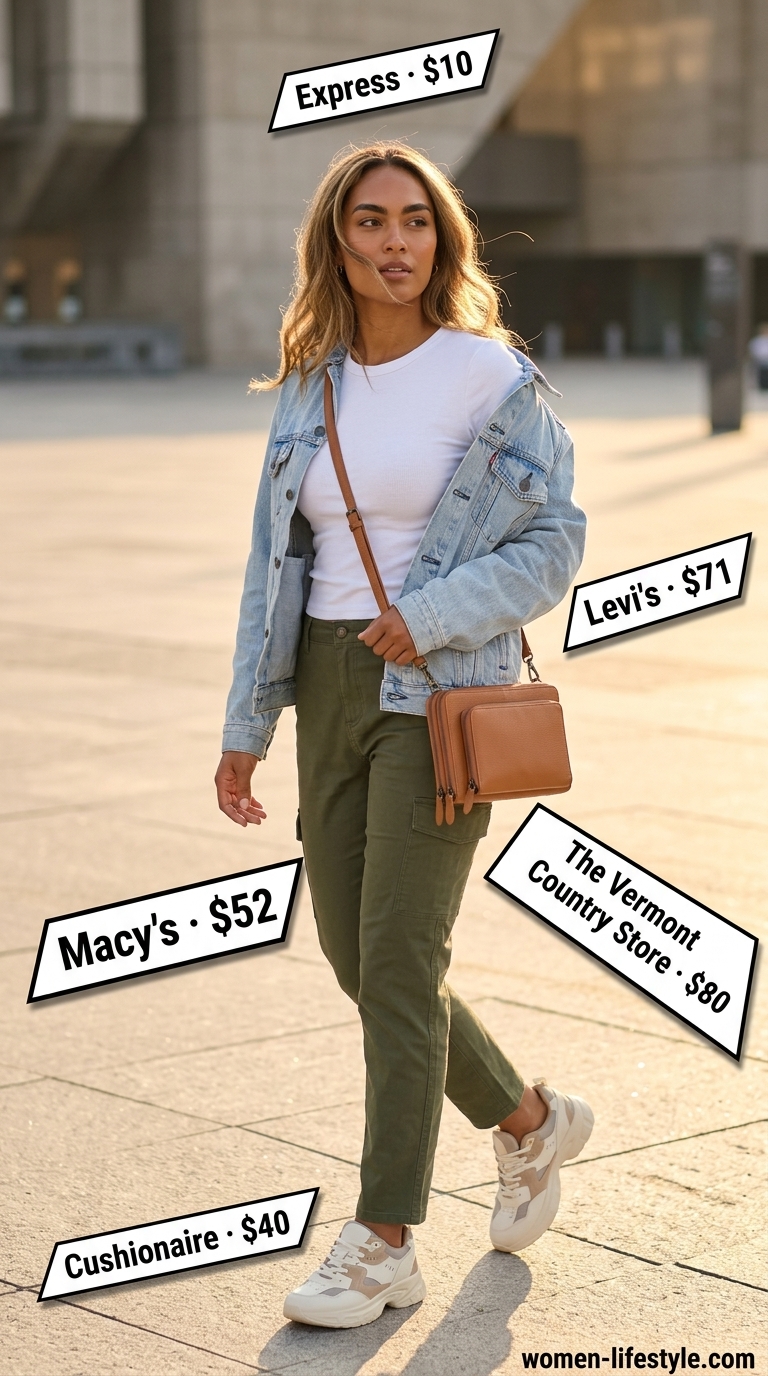Soft tone pastel summer outfits for women 2026: Olive green cargo pants with cream tee, denim jacket, and chunky sneakers.